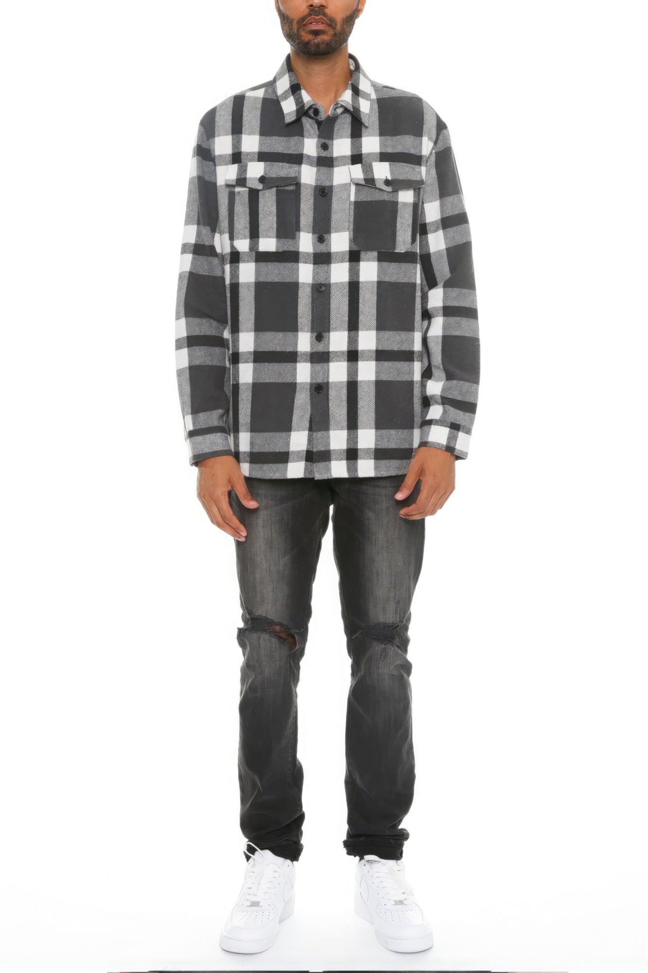 Men's checkered flannel shacket with long sleeves, front buttons, two chest patch pockets