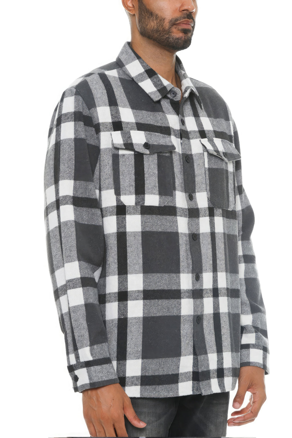 Men's buffalo check flannel shacket with shoulder yoke and chest flap pockets