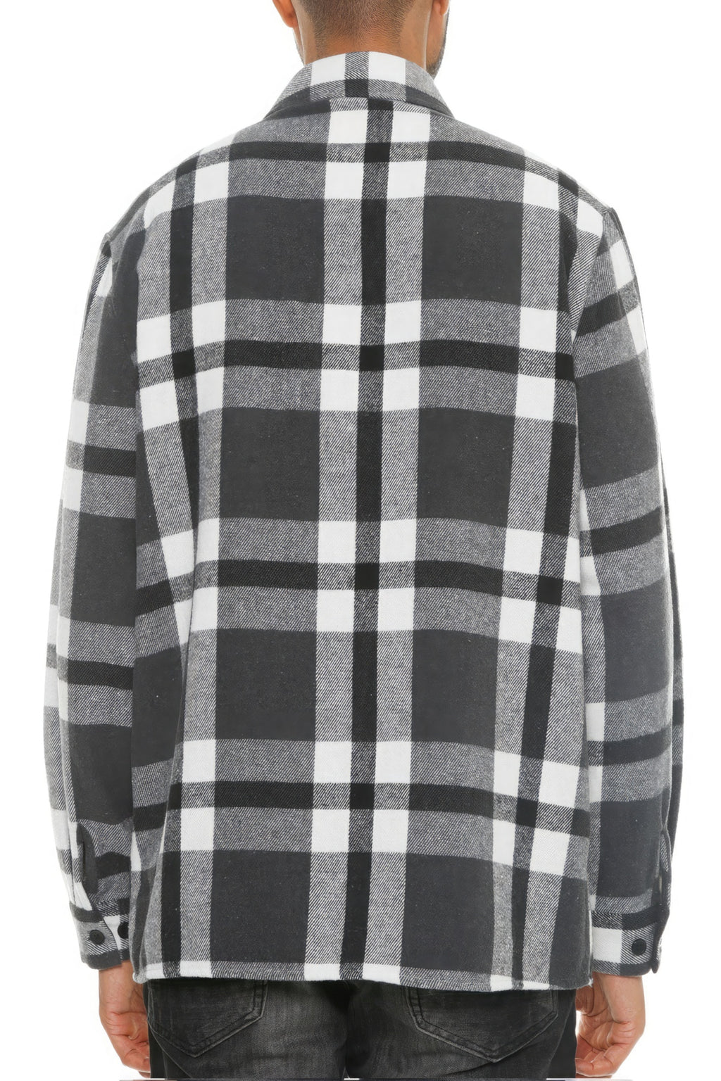 Men's check flannel shacket back view, button-up design, full buffalo check pattern