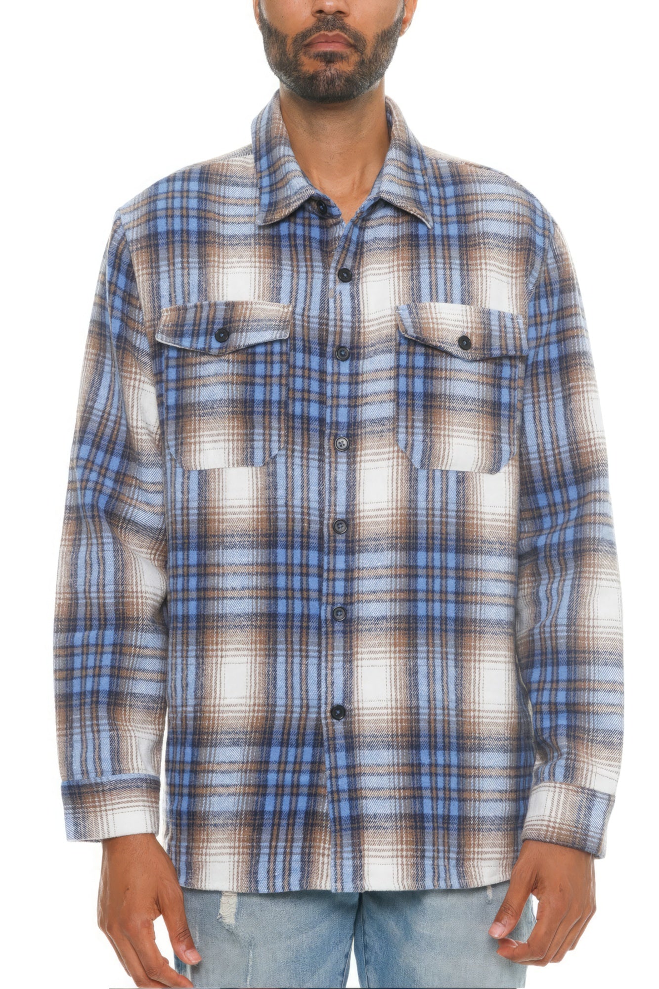 Men's blue plaid soft flannel shacket with two chest pockets and button front