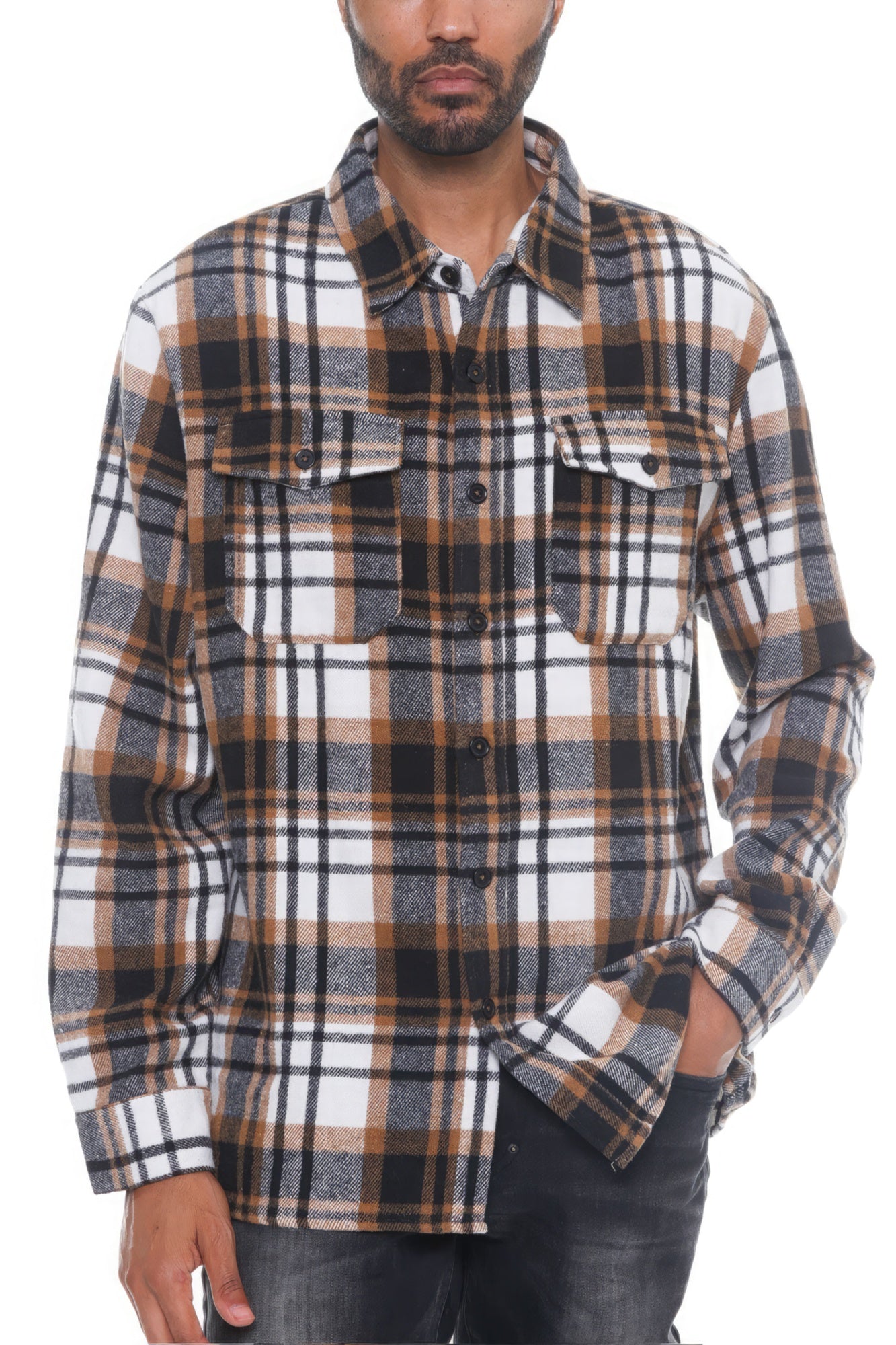 Men's checkered flannel shacket with button front and two chest flap pockets
