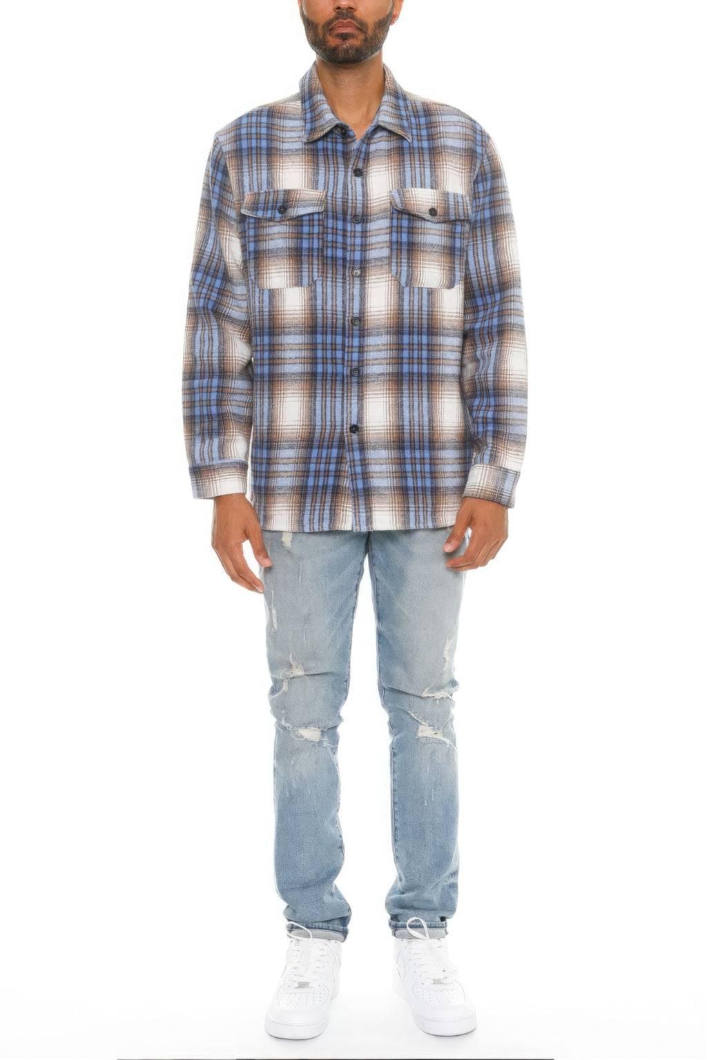 Men's blue plaid flannel shacket with long sleeves, button front, and chest pockets