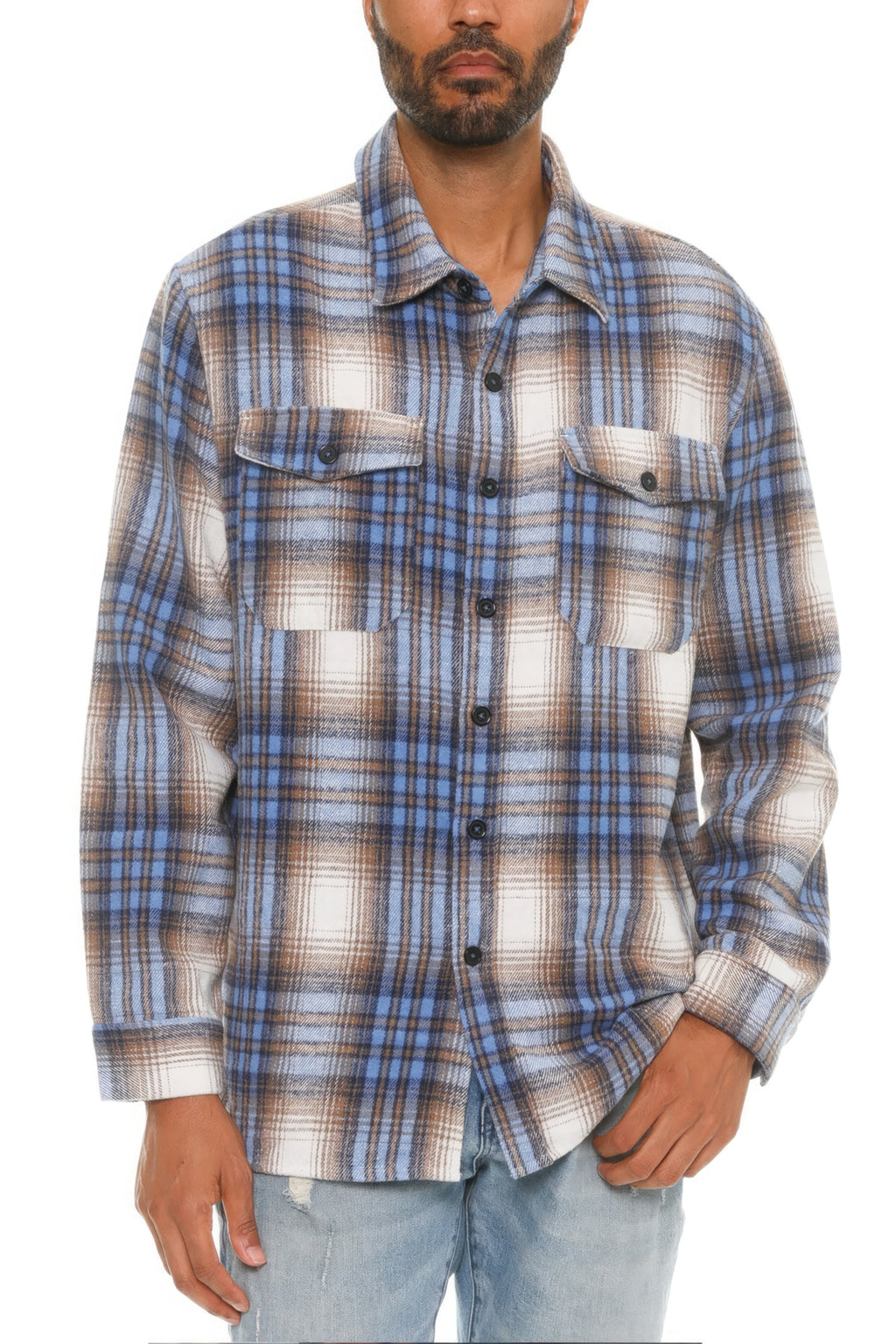 Blue plaid flannel shacket with collared neck, two buttoned chest pockets, long sleeves