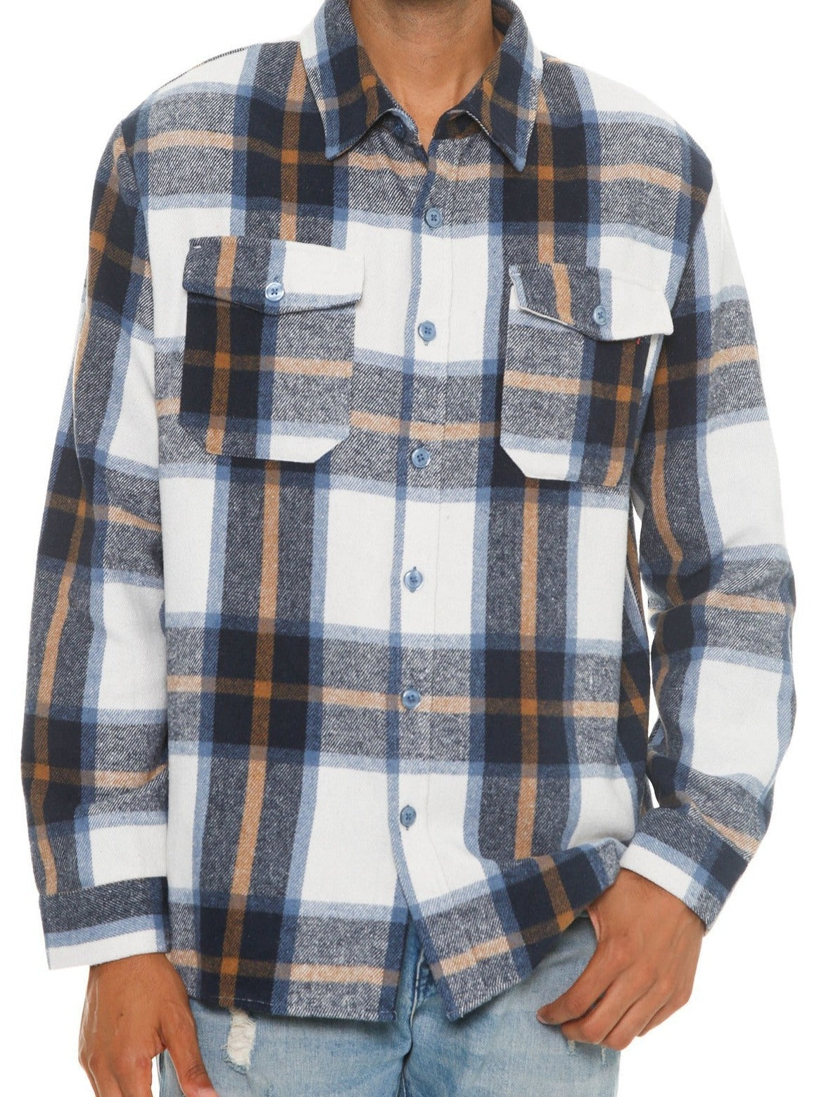 Men's Blue/Gold Plaid Soft Flannel Shirt - Tigbuls Variety Fashion