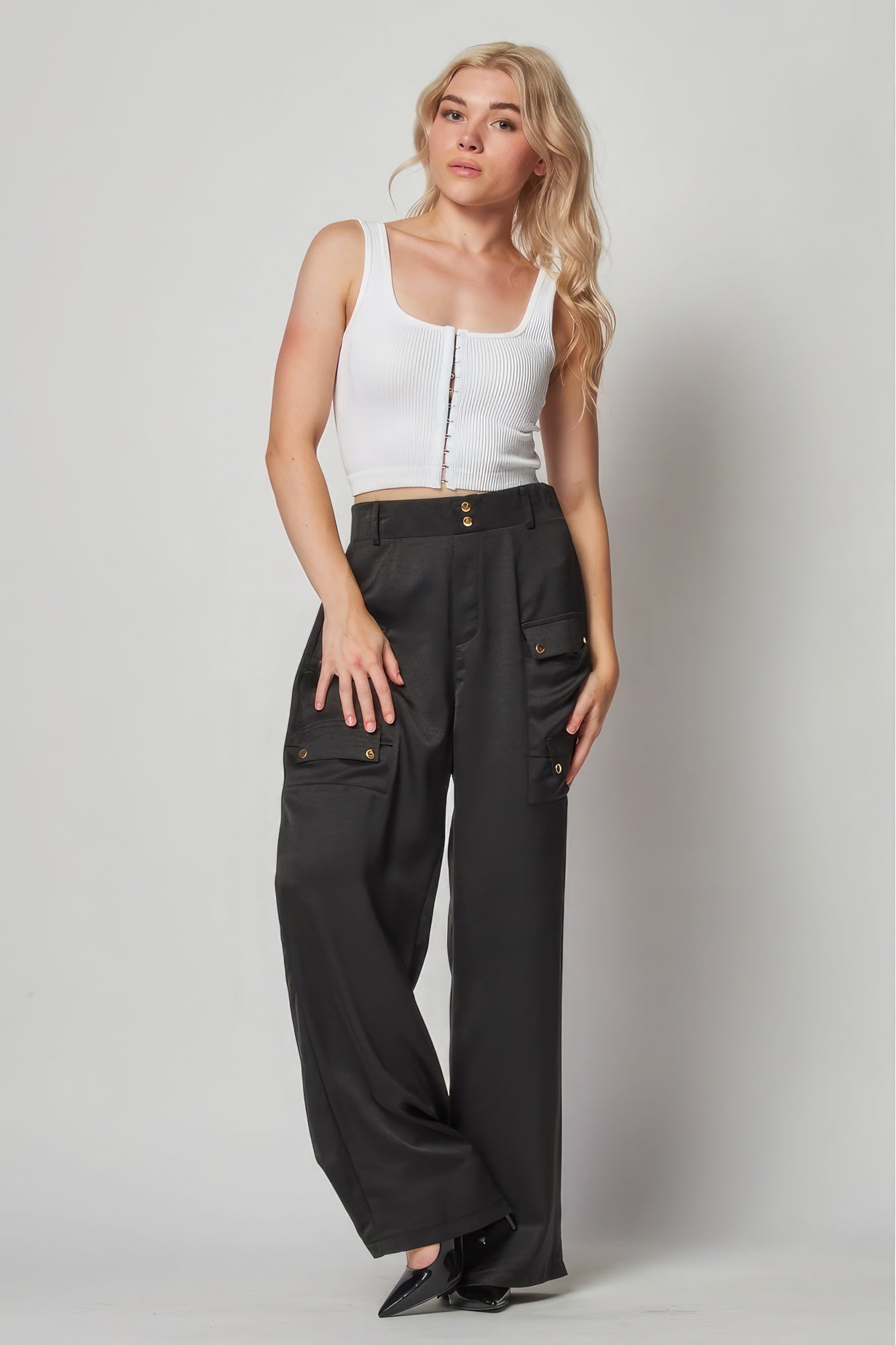 Satin Cargo Pocket Wide Leg Pants - Tigbul's Variety Fashion Shop