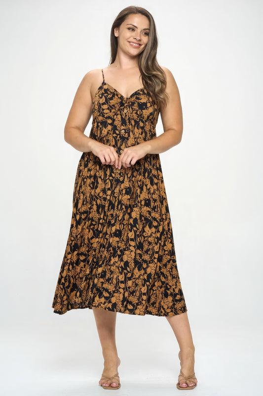 Size 3XL Brown/Black Botanical Print Front Tie Midi Dress | Tigbuls