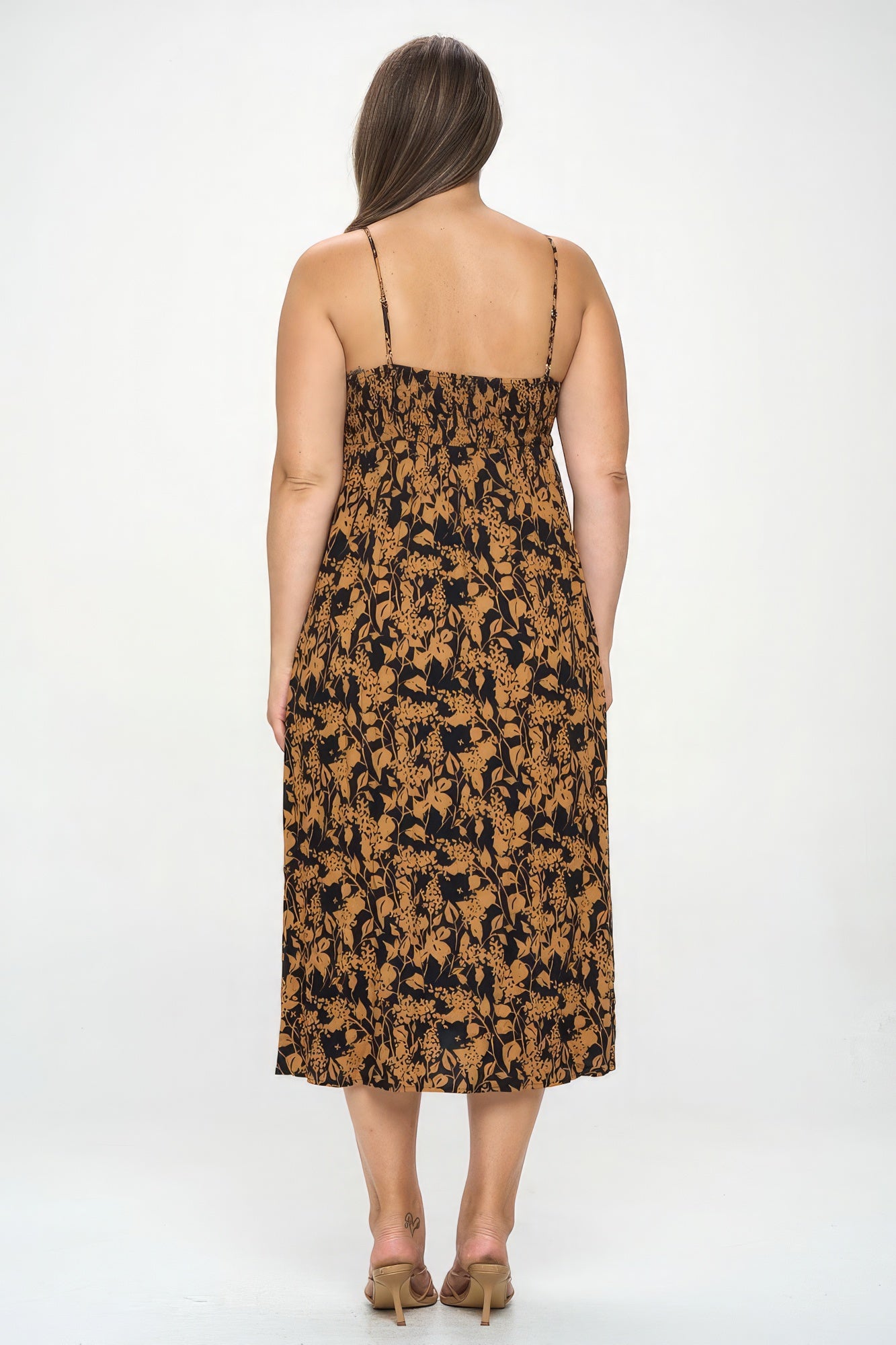 Size 3XL Brown/Black Botanical Print Front Tie Midi Dress | Tigbuls