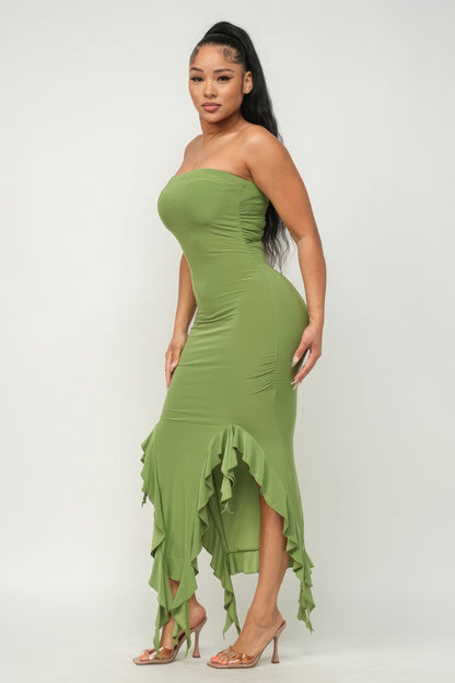 Solid Bottom Ruffle Trim Hem Slit Tube Maxi Dress - Tigbul's Variety Fashion Shop