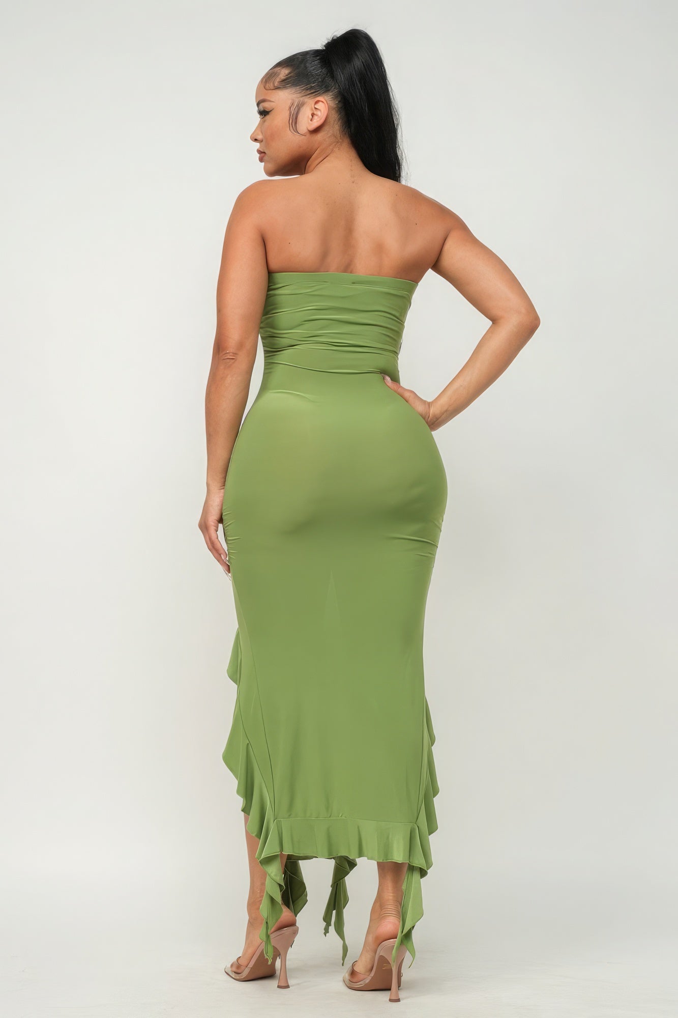 Solid Bottom Ruffle Trim Hem Slit Tube Maxi Dress - Tigbul's Variety Fashion Shop