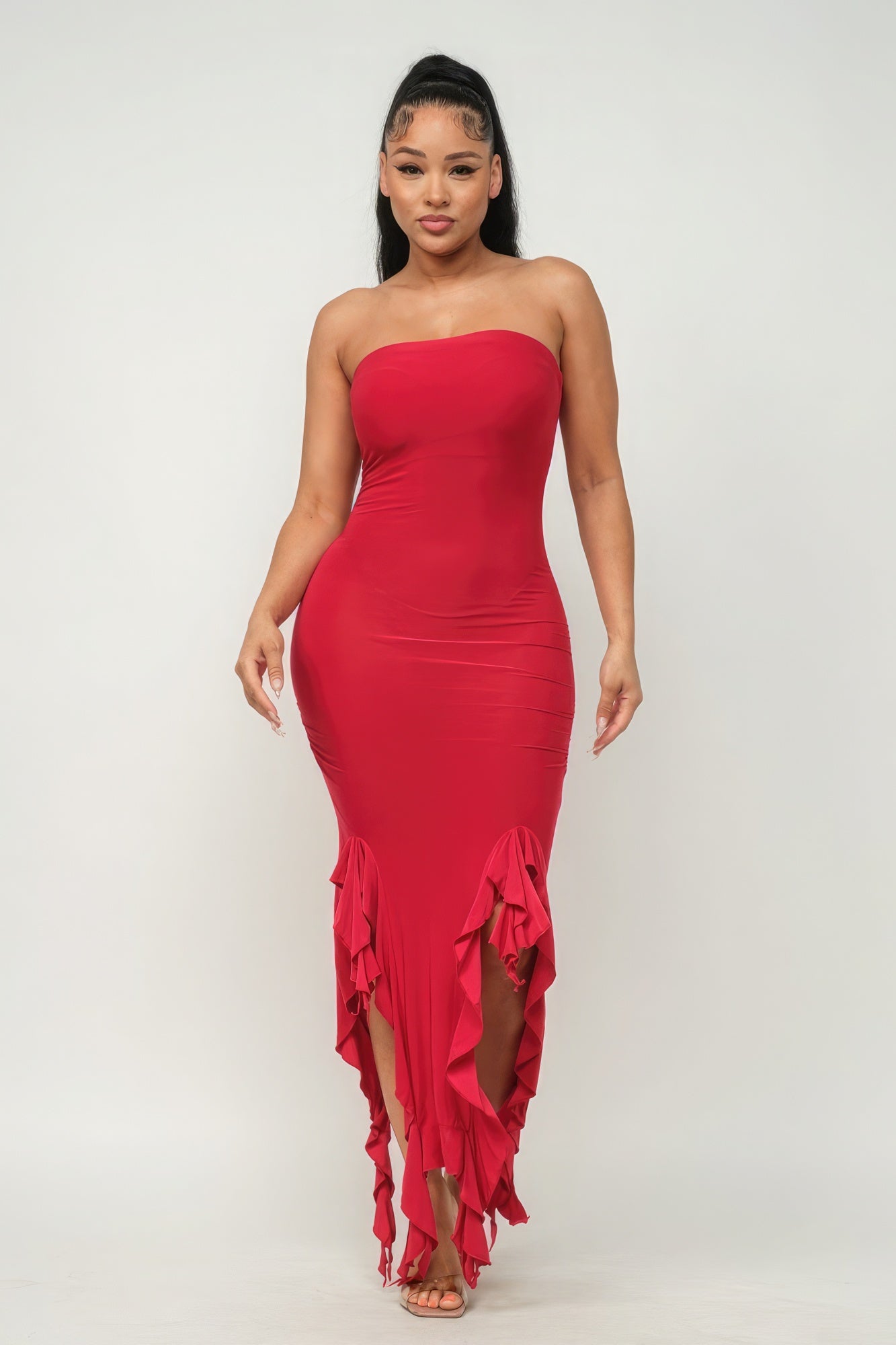 Solid Bottom Ruffle Trim Hem Slit Tube Maxi Dress - Tigbul's Variety Fashion Shop