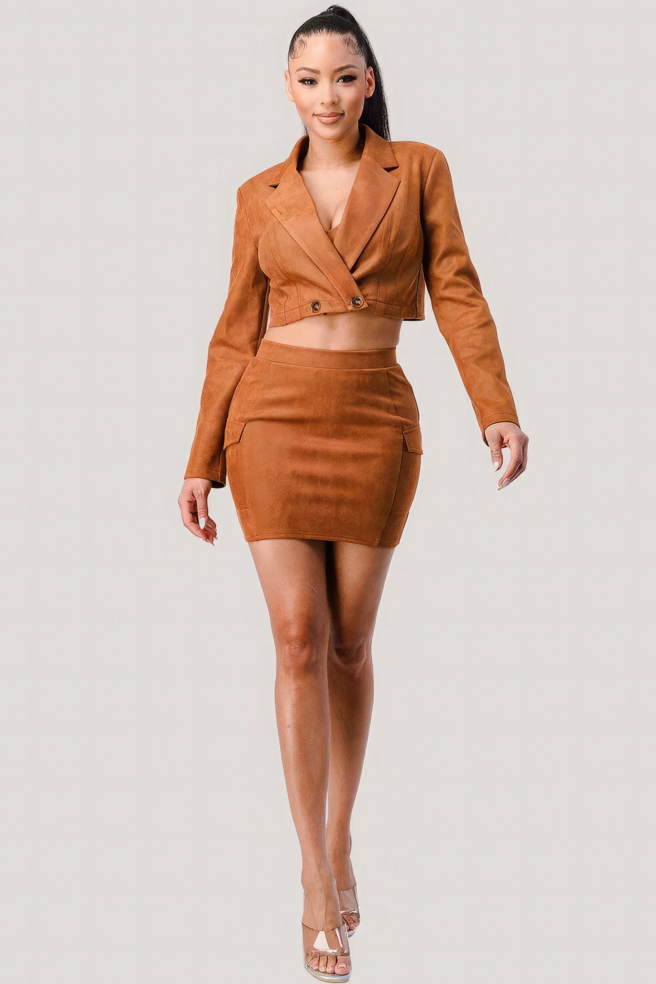 Cropped blazer jacket with button front and matching tan mini skirt