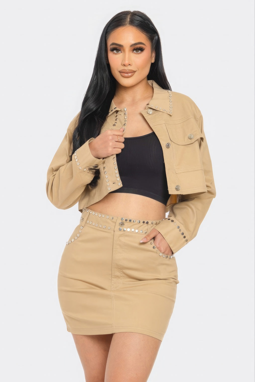 Embroidered cropped shirt set, beige cropped jacket with studded trim and mini skirt