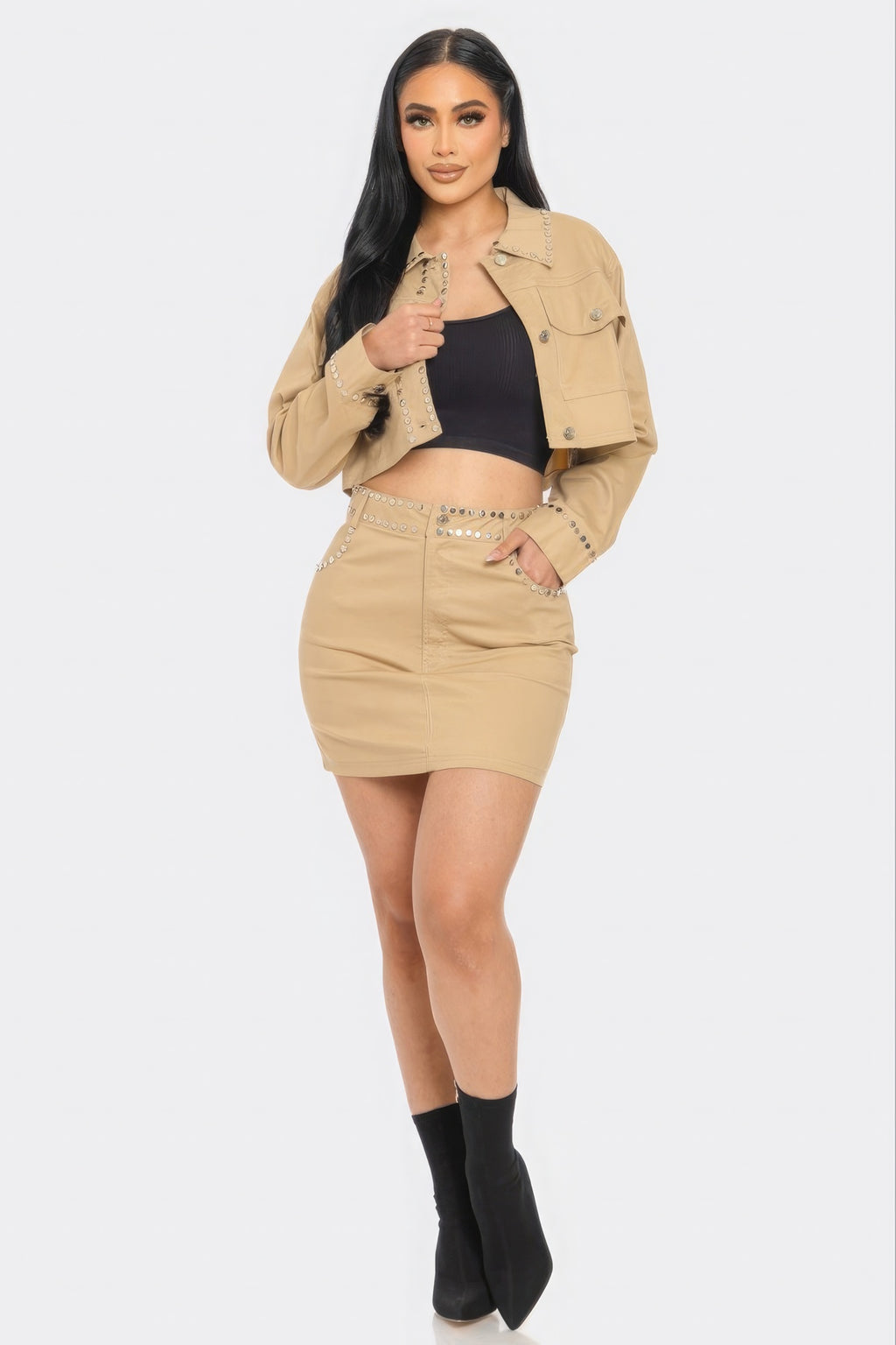 Embroidered cropped shirt set, beige skirt with jeweled eyelet border and cropped jacket