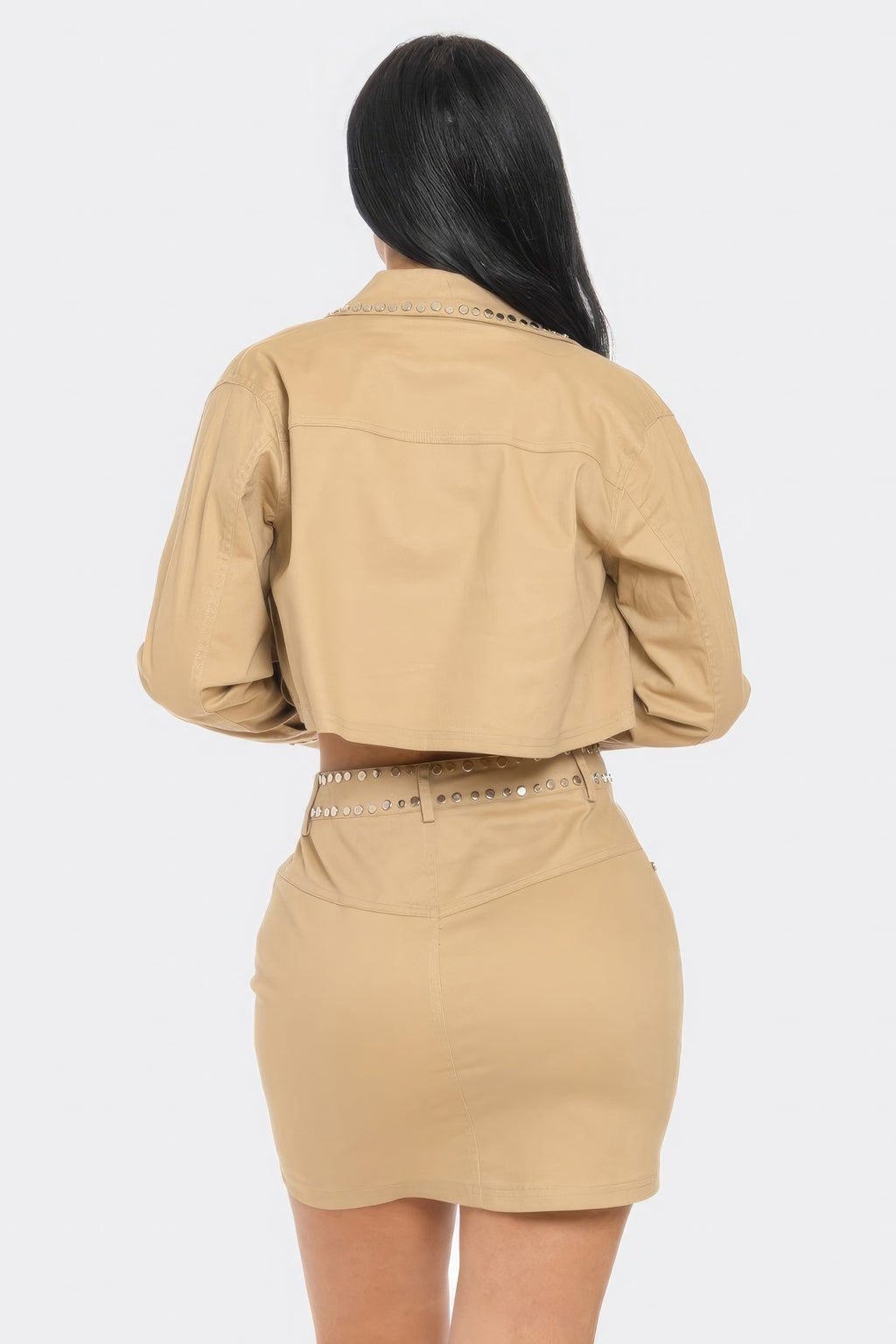 Embroidered cropped shirt set, back view of beige cropped jacket and mini skirt