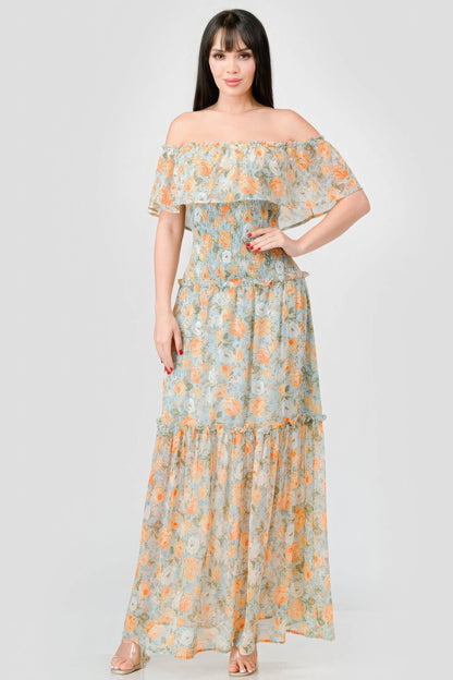 Floral Chiffon Off Shoulder Smocked Back Ruffled Tiered Maxi Dress - Tigbuls Variety Fashion