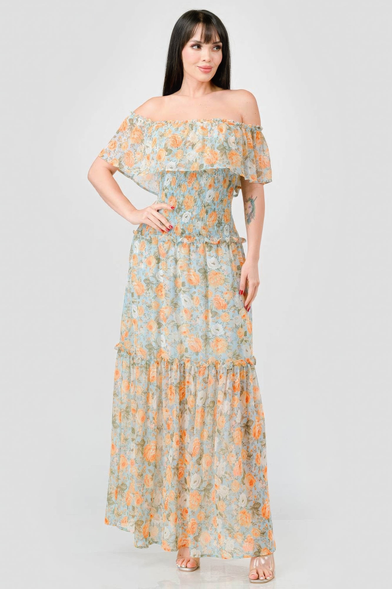 Floral Chiffon Off Shoulder Smocked Back Ruffled Tiered Maxi Dress - Tigbuls Variety Fashion