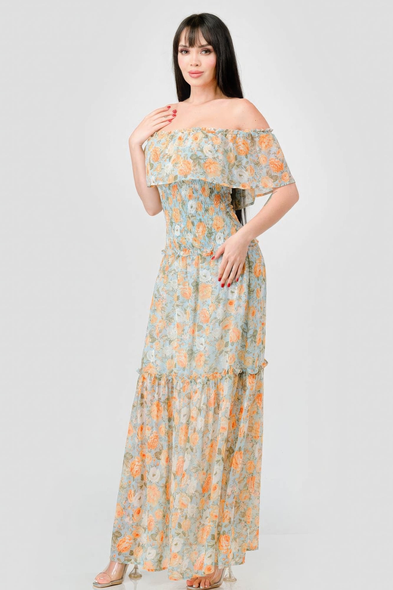 Floral Chiffon Off Shoulder Smocked Back Ruffled Tiered Maxi Dress - Tigbuls Variety Fashion