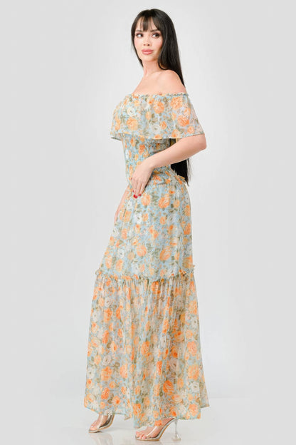 Floral Chiffon Off Shoulder Smocked Back Ruffled Tiered Maxi Dress - Tigbuls Variety Fashion