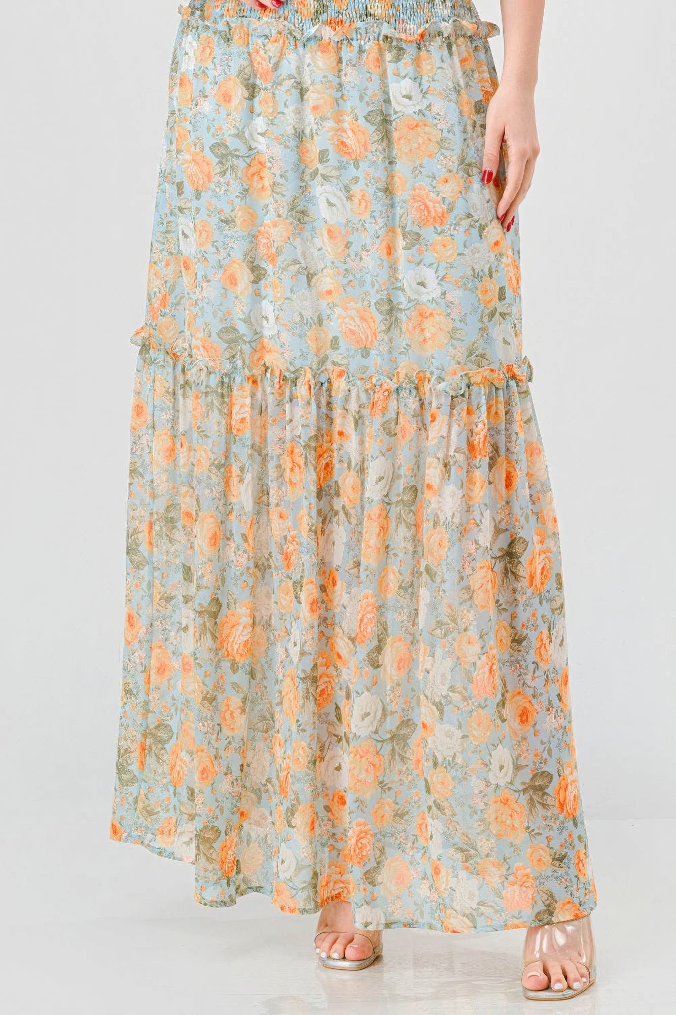 Floral Chiffon Off Shoulder Smocked Back Ruffled Tiered Maxi Dress - Tigbuls Variety Fashion