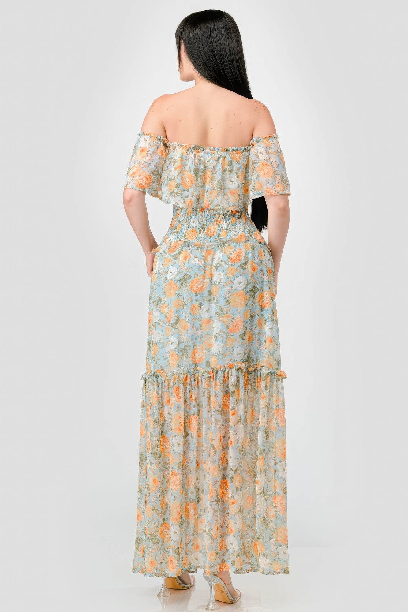 Floral Chiffon Off Shoulder Smocked Back Ruffled Tiered Maxi Dress - Tigbuls Variety Fashion