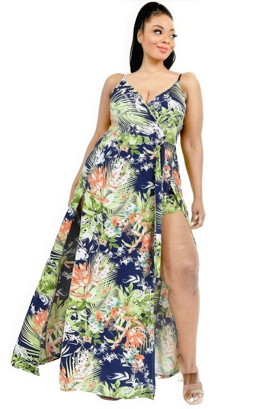 Plus Tropical Leaf Print Surplice Maxi Dress - Tigbuls Variety Fashion