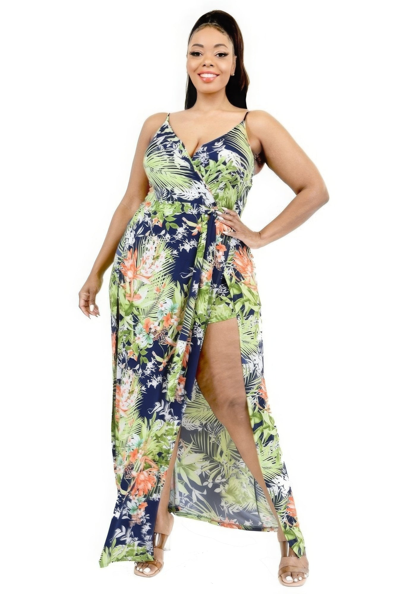 Plus Tropical Leaf Print Surplice Maxi Dress - Tigbuls Variety Fashion