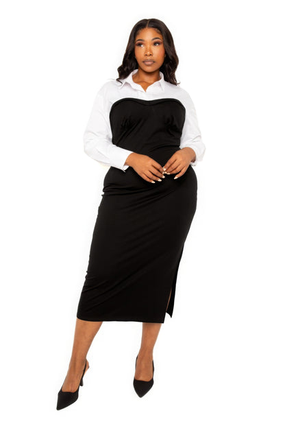 Collared Shirt Bodycon Midi Dress With Side Slit - Tigbuls Variety Fashion