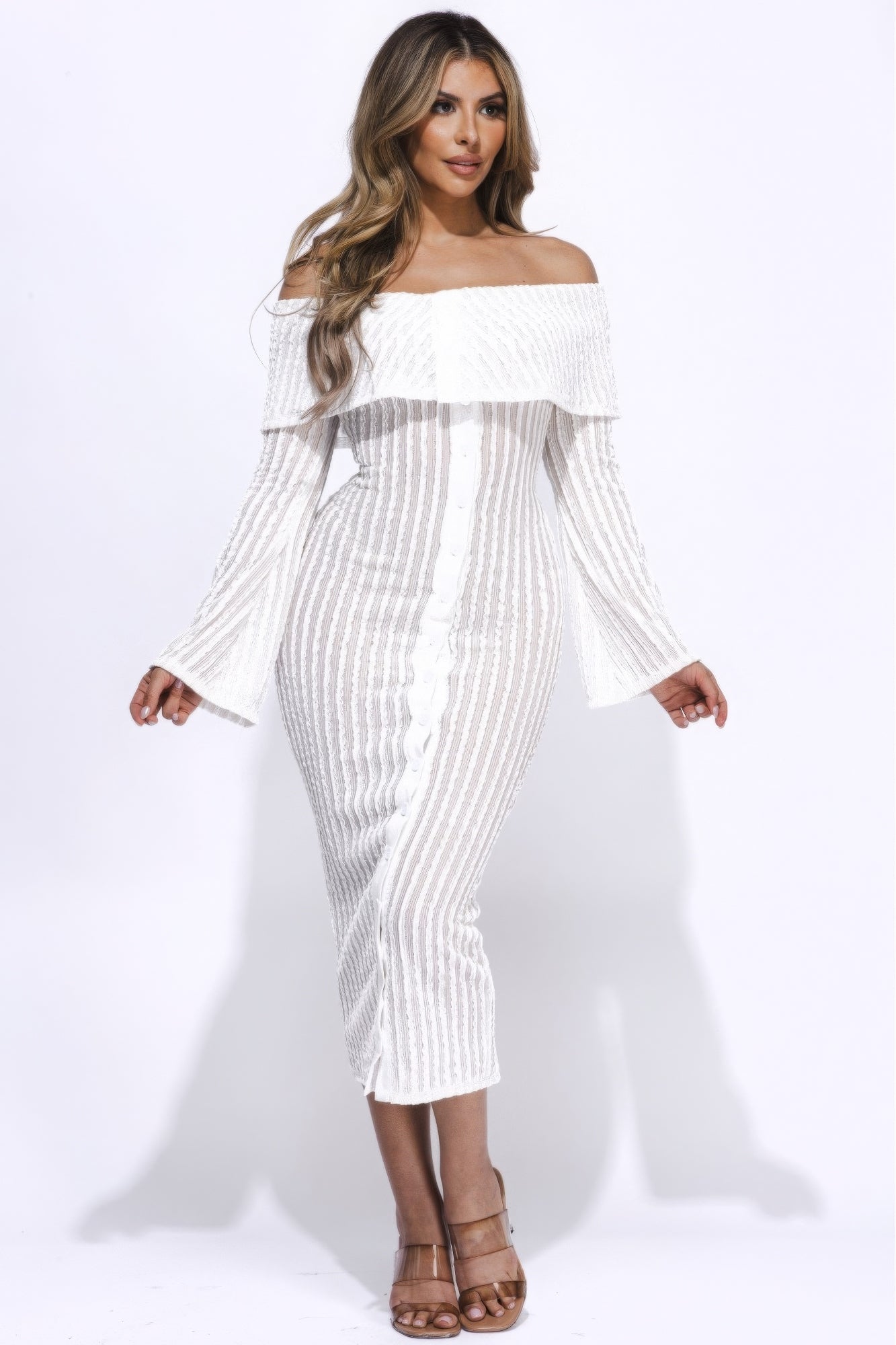 Ruffled Fabric Off Shoulder Midi Dress With Flared Sleeve - Tigbuls Variety Fashion