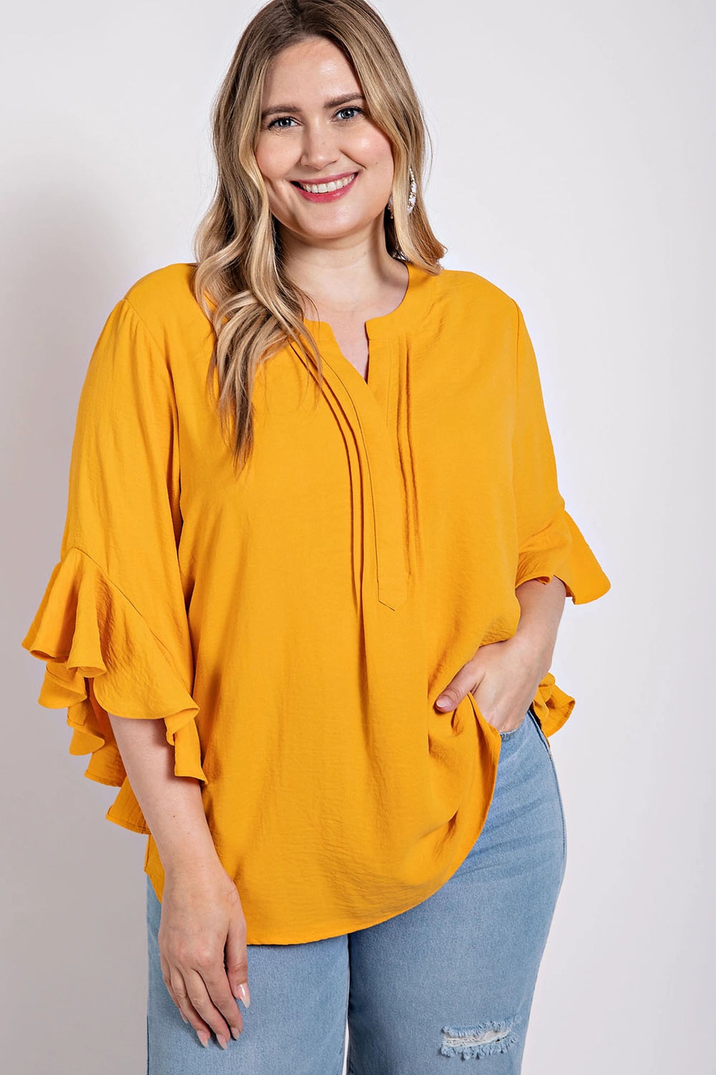 Ruffled Bell Sleeve And Front Pleated Detail Top - Tigbuls Variety Fashion
