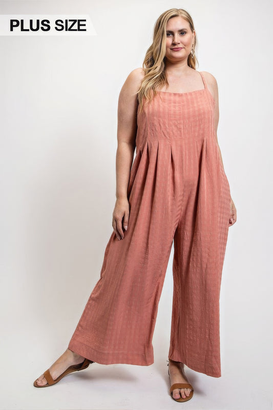 Texture Woven Sleeveless Jumpsuit With Side Button