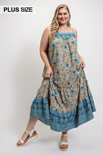 Floral And Aztec Print Drop Down Maxi Dress With Spaghetti Strap - Tigbuls Variety Fashion