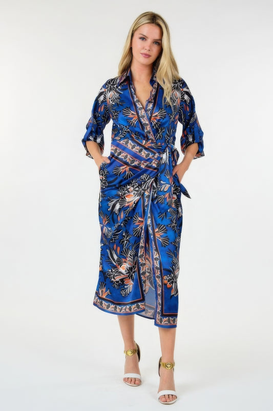 Wrap Front 3/4 Sleeve Printed Dress