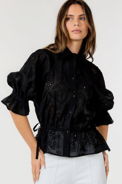 Button-down Collar Neck Embroidered Top - Tigbul's Variety Fashion Shop