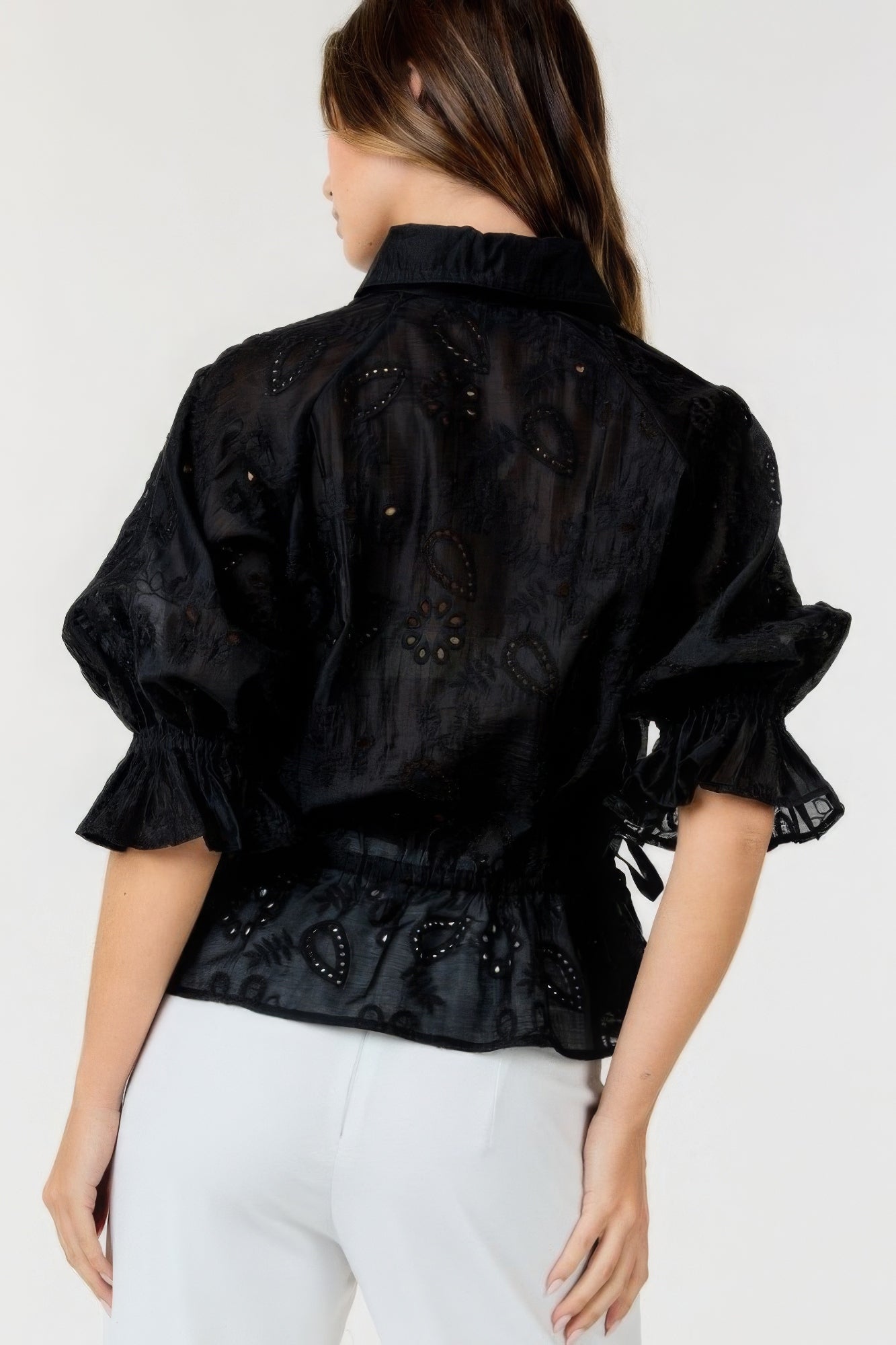 Button-down Collar Neck Embroidered Top - Tigbul's Variety Fashion Shop