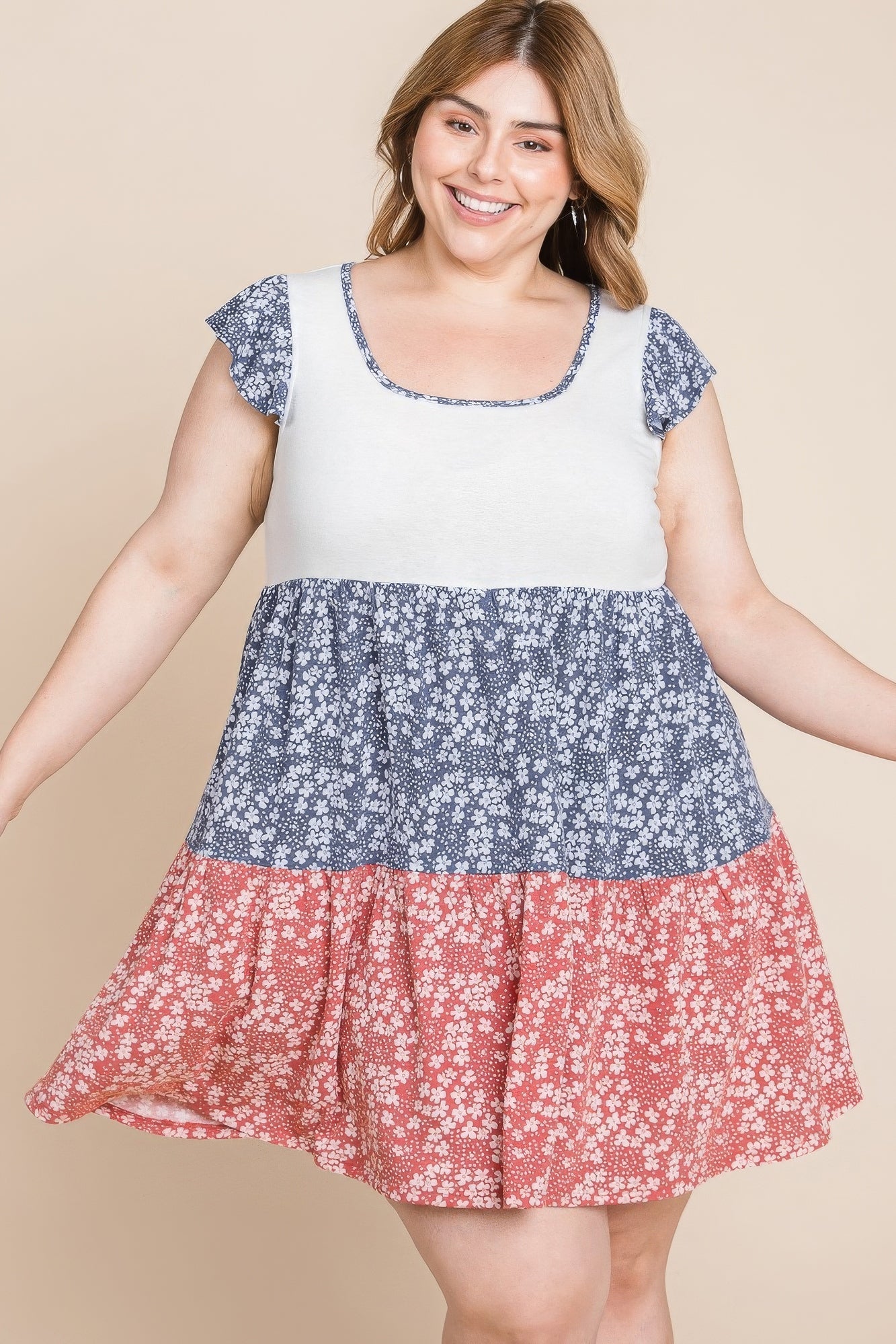 Plus Size Floral Color Block Contrast Tiered Babydoll Dress - Tigbul's Variety Fashion Shop