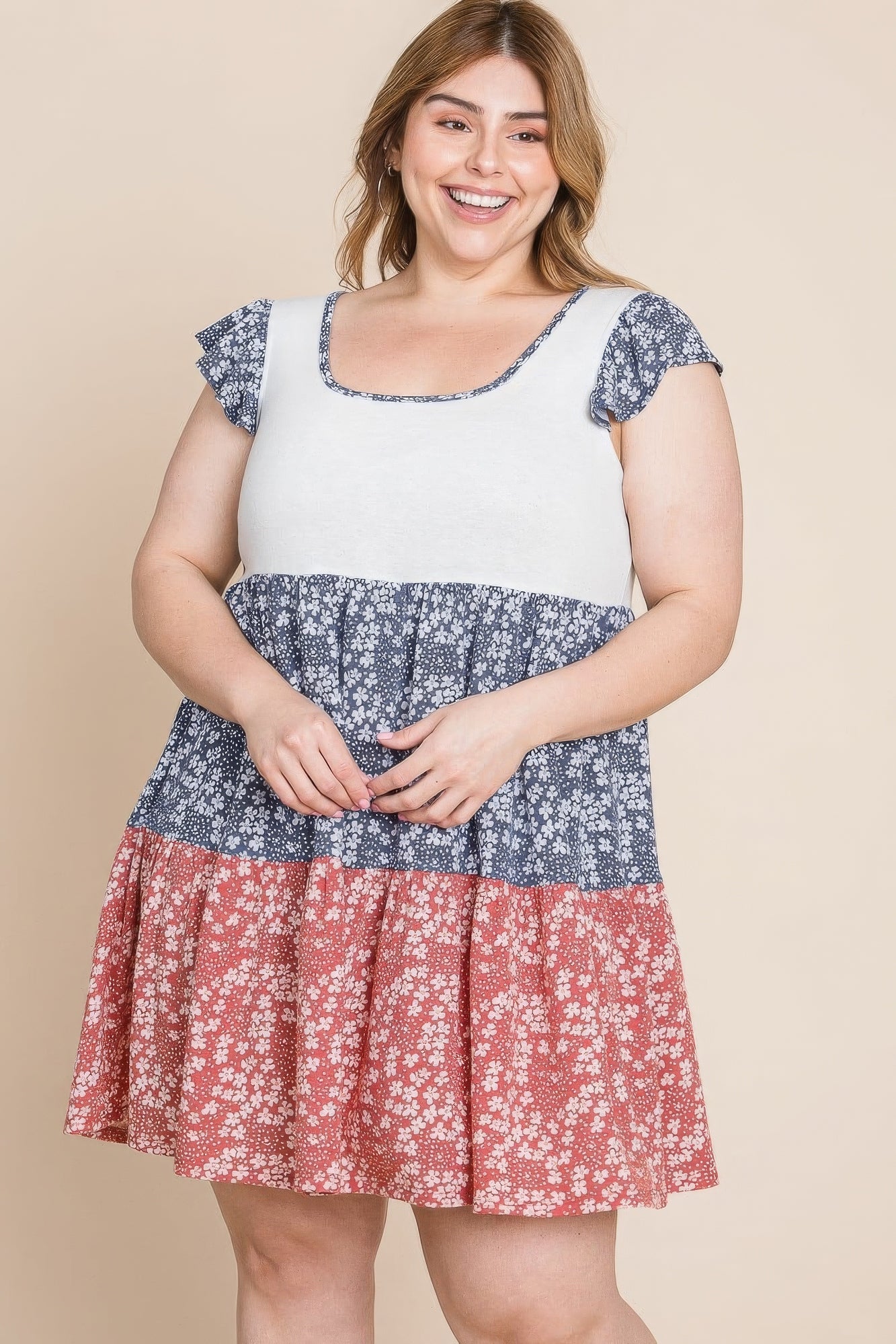 Plus Size Floral Color Block Contrast Tiered Babydoll Dress - Tigbul's Variety Fashion Shop
