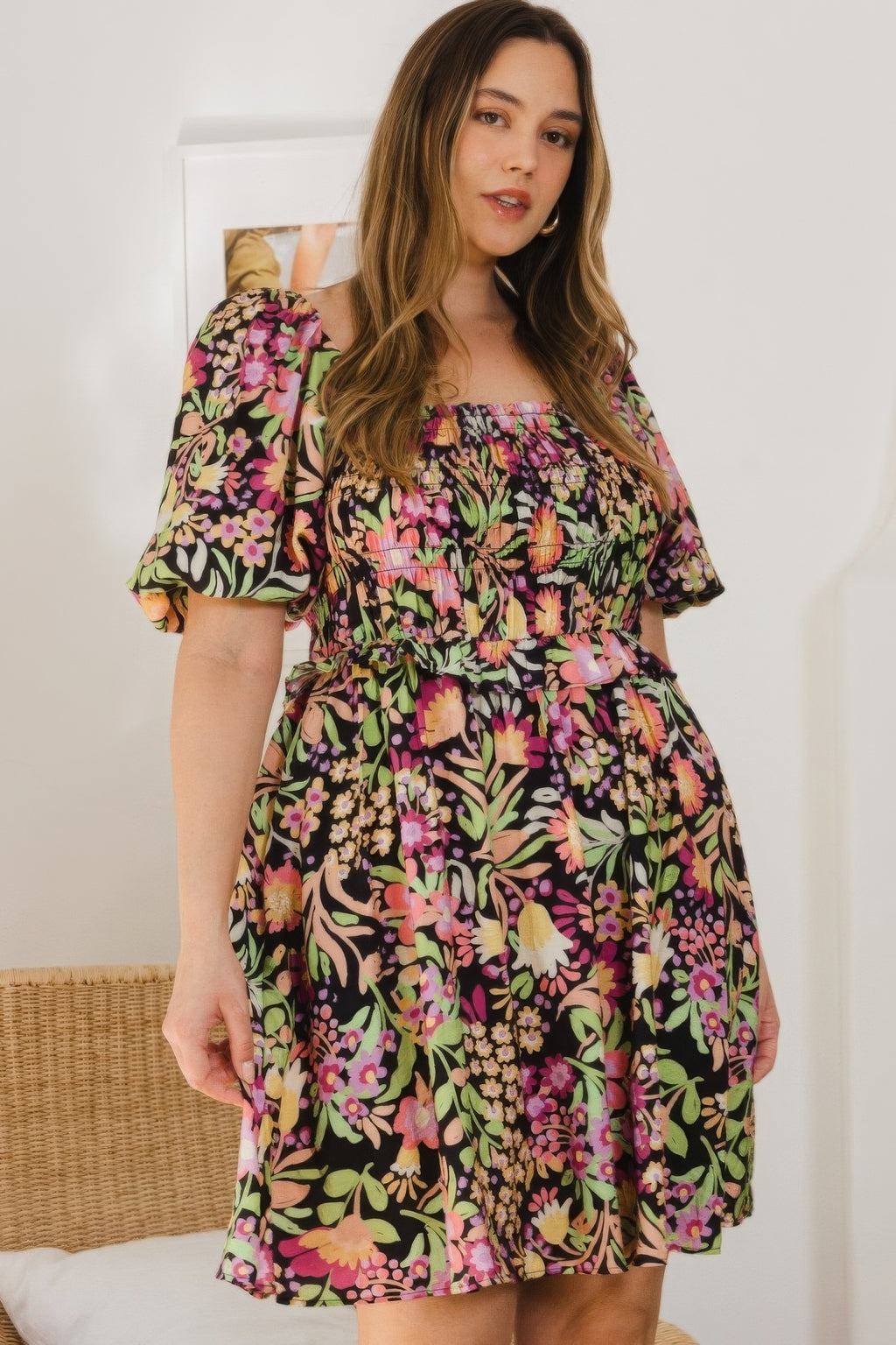 Plus floral mini dress with gathered waist, puff sleeves, and multicolor print