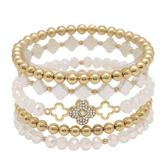 Clover Metal Pearl Rhinestone Stretch Bracelet Set - Tigbul's Variety Fashion Shop