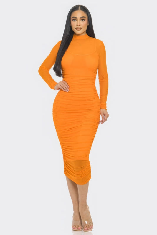 Solid Mesh Ruched Midi Dress - Tigbul's Variety Fashion Shop