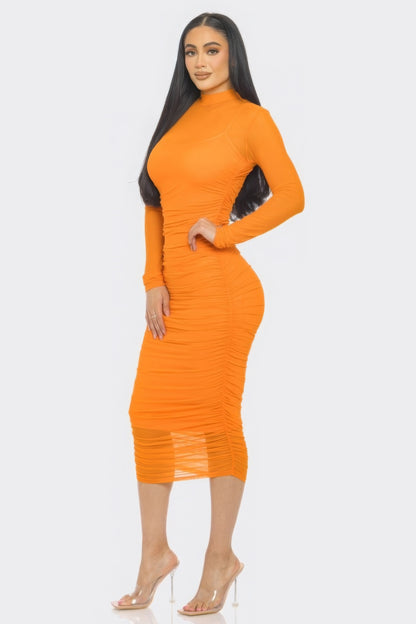 Solid Mesh Ruched Midi Dress - Tigbul's Variety Fashion Shop