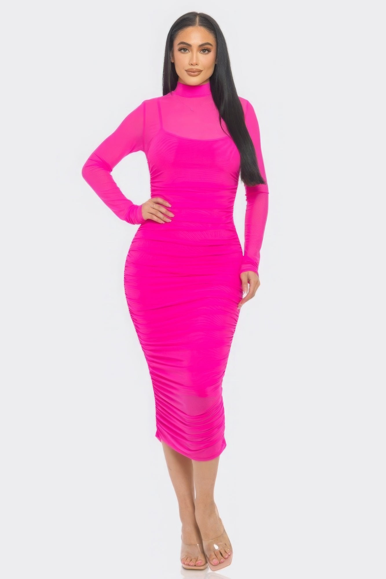 Solid Mesh Ruched Midi Dress - Tigbul's Variety Fashion Shop