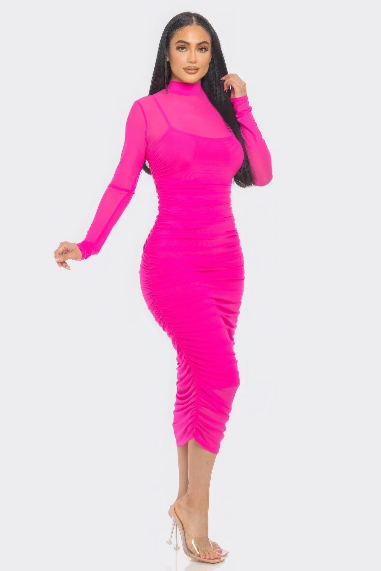 Solid Mesh Ruched Midi Dress - Tigbul's Variety Fashion Shop