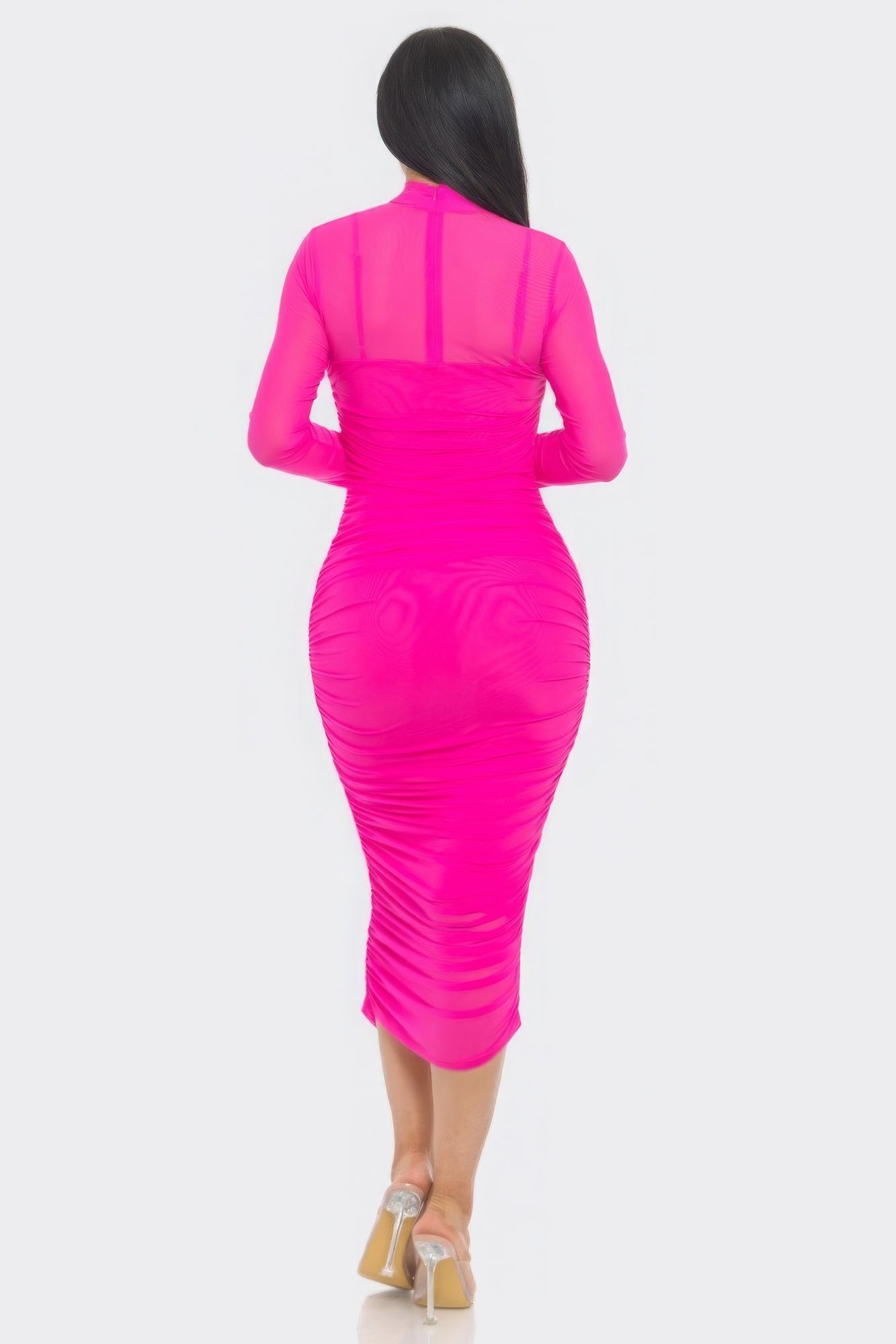 Solid Mesh Ruched Midi Dress - Tigbul's Variety Fashion Shop