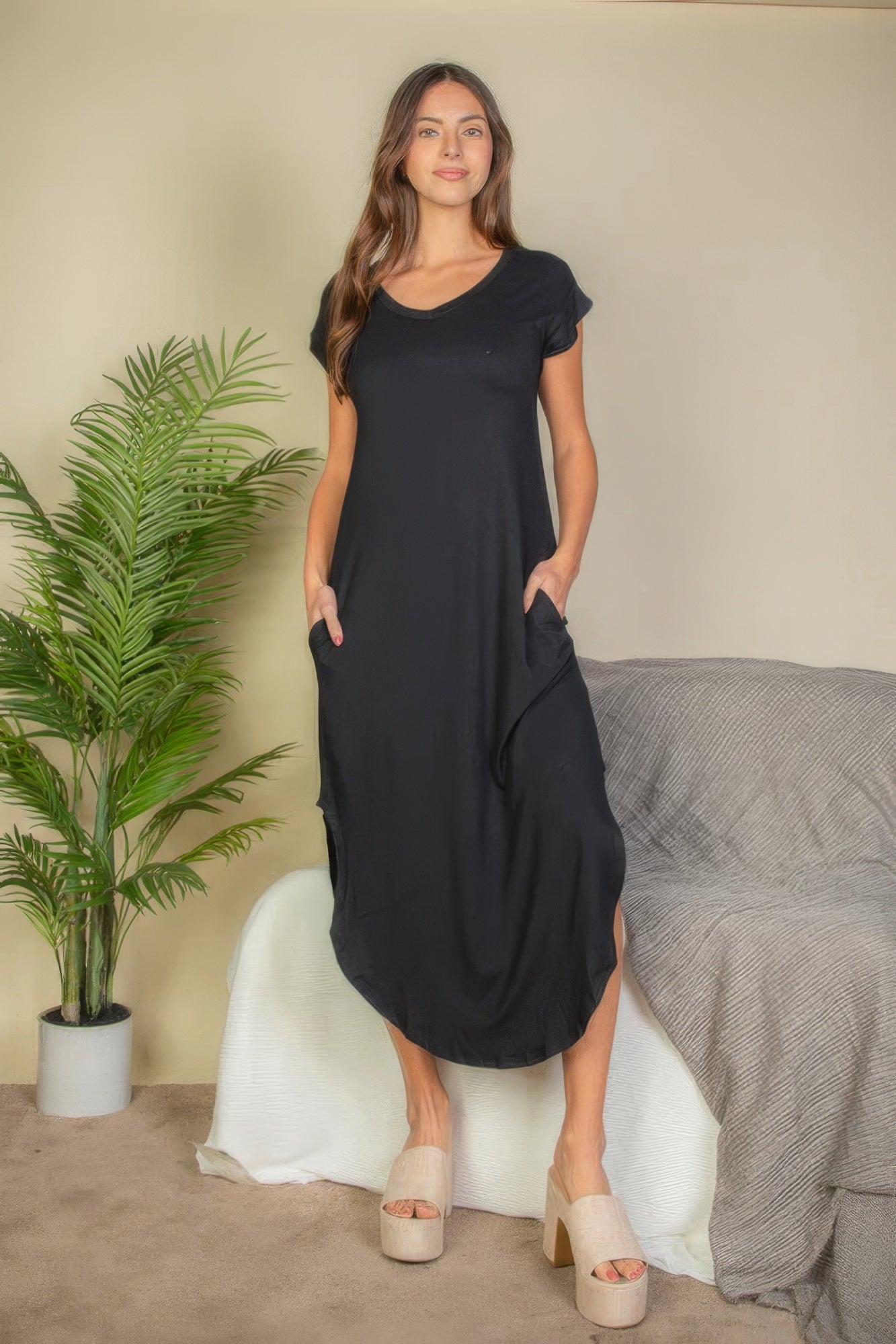 Hidden Pocket Batwing Sleeve V Neck Long Dress - Tigbul's Variety Fashion Shop