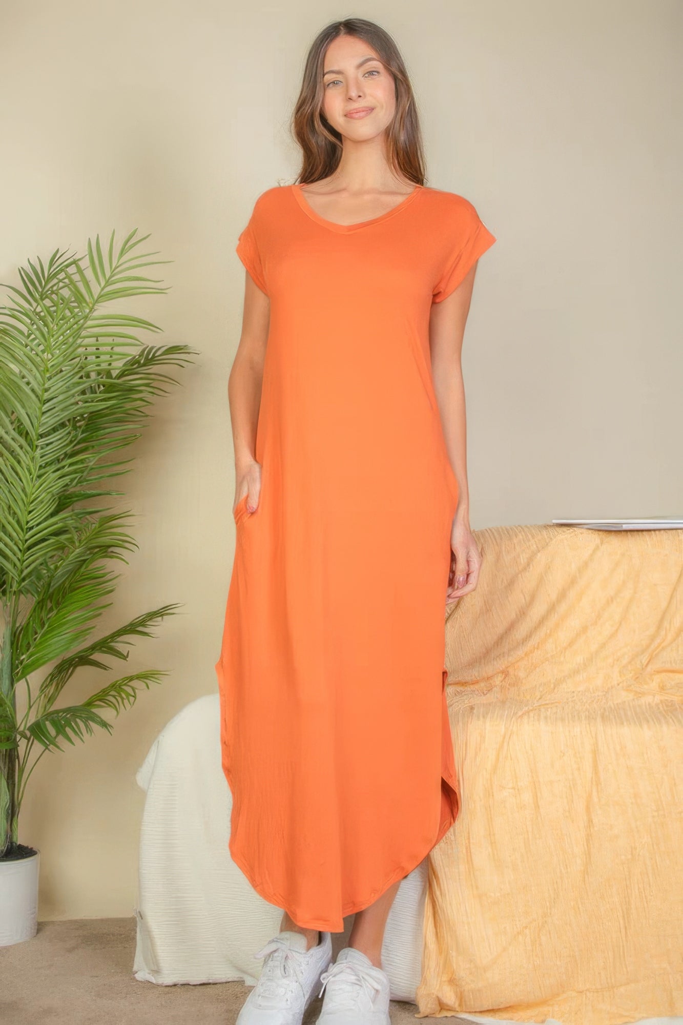 Hidden Pocket Batwing Sleeve V Neck Long Dress - Tigbul's Variety Fashion Shop