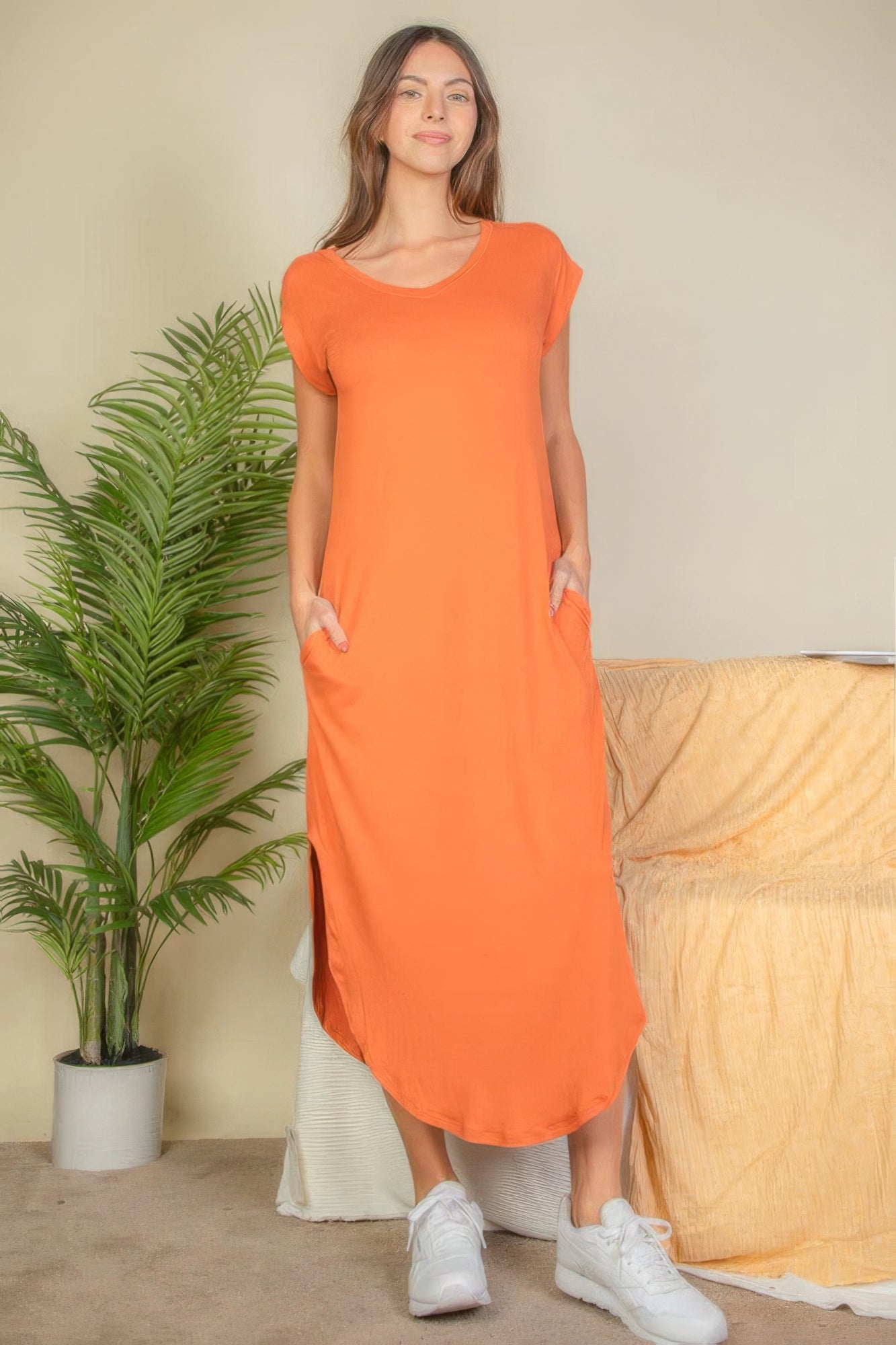 Hidden Pocket Batwing Sleeve V Neck Long Dress - Tigbul's Variety Fashion Shop