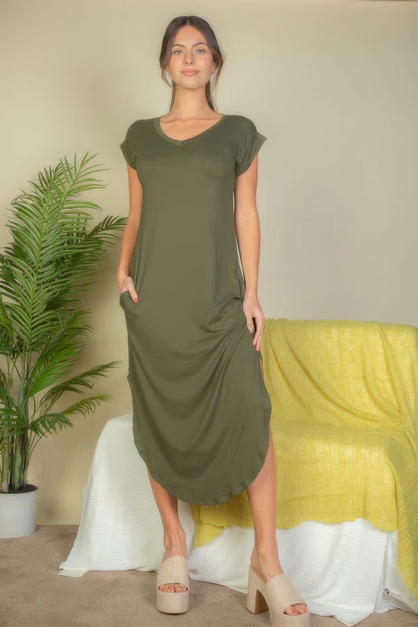 Hidden Pocket Batwing Sleeve V Neck Long Dress - Tigbul's Variety Fashion Shop