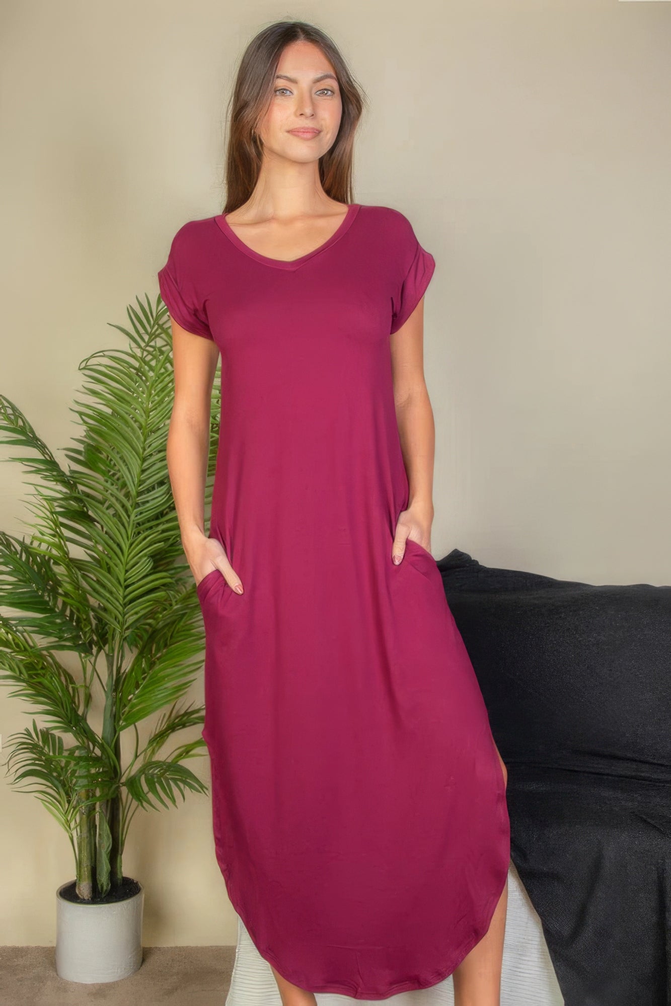 Hidden Pocket Batwing Sleeve V Neck Long Dress - Tigbul's Variety Fashion Shop