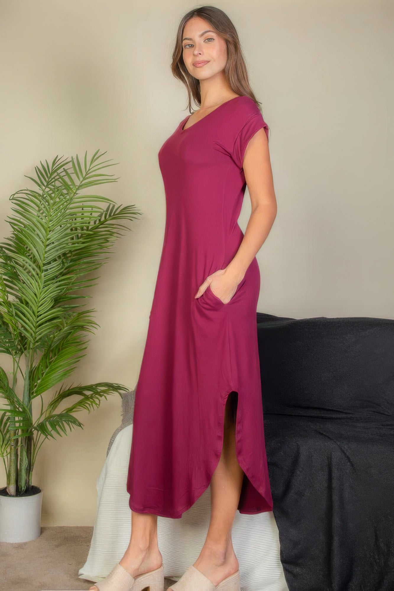 Hidden Pocket Batwing Sleeve V Neck Long Dress - Tigbul's Variety Fashion Shop