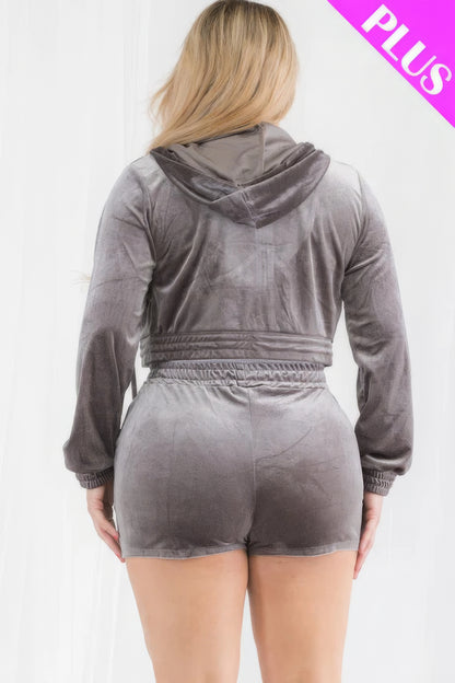 Plus Size Velour Crop Zip Up Hoodie And Shorts Set - Tigbul's Variety Fashion Shop